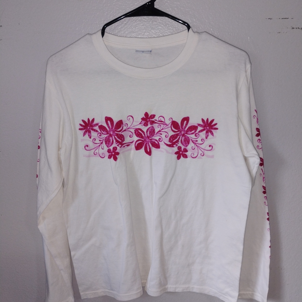 White Long Sleeve Floral Tee with Pink Accents